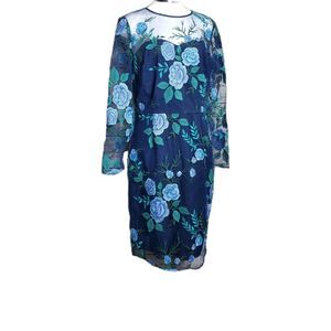 Tahari Embroidered Mesh Sheath Dress size 8 Floral Blue Green NWT